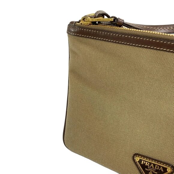 PRADA Logo Jacquard - Khaki Dark Brown Jacquard Leather Shoulder Bag 684-081625 - Picture 9 of 14